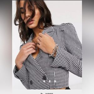Bershka cropped gingham blazer with puff sleeve in monochrome